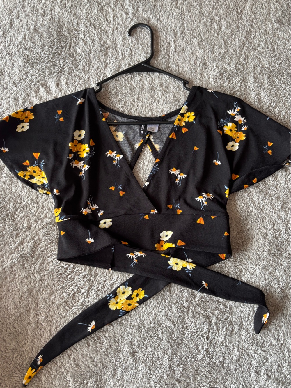 Divided Black Floral Wrap Top with Yellow & Cream Blooms